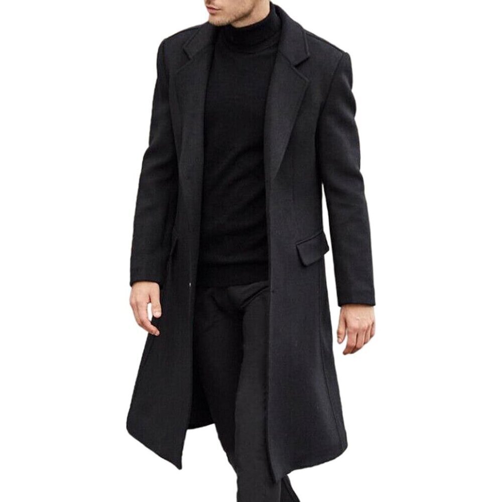 🆕Men's Black Slim Fit Casual Trench Coat Notched Collar Pea Coat with Pockets